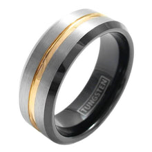 Load image into Gallery viewer, Men&#39;s Wedding Band - Silver Brushed Black Edge with Gold Stripe - Wedding Rings for Men and Women
