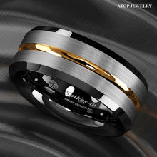 Load image into Gallery viewer, Mens Wedding Band Rings for Men Wedding Rings for Womens / Mens Rings Silver Brushed Black Edge Gold Stripe - Jewelry Store by Erik Rayo
