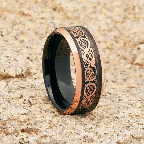 Tungsten Rings for Men Wedding Bands for Him Womens Wedding Bands for Her 6mm Two-Tone Black & Rose Gold IP Plated - Jewelry Store by Erik Rayo