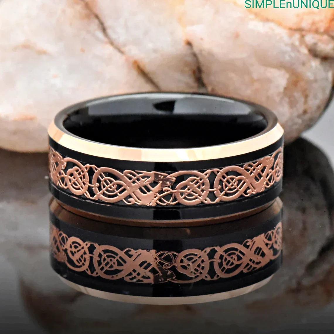 Tungsten Rings for Men Wedding Bands for Him Womens Wedding Bands for Her 6mm Two-Tone Black & Rose Gold IP Plated - Jewelry Store by Erik Rayo
