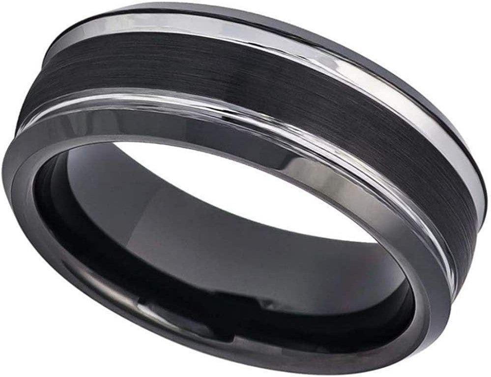 Tungsten Rings for Men Wedding Bands for Him Womens Wedding Bands for Her 6mm Two-Tone Black IP Brushed Center Steel - Jewelry Store by Erik Rayo