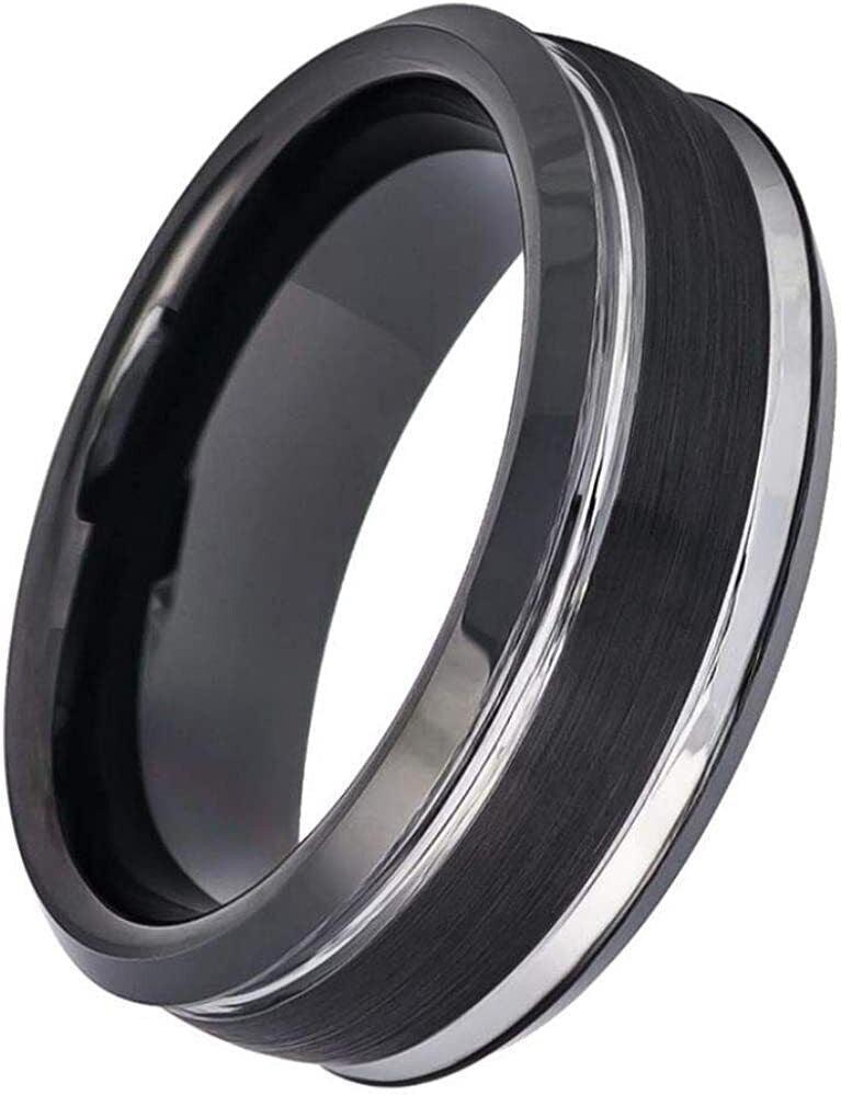 Tungsten Rings for Men Wedding Bands for Him Womens Wedding Bands for Her 6mm Two-Tone Black IP Brushed Center Steel - Jewelry Store by Erik Rayo