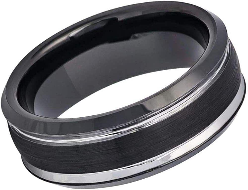Tungsten Rings for Men Wedding Bands for Him Womens Wedding Bands for Her 6mm Two-Tone Black IP Brushed Center Steel - Jewelry Store by Erik Rayo