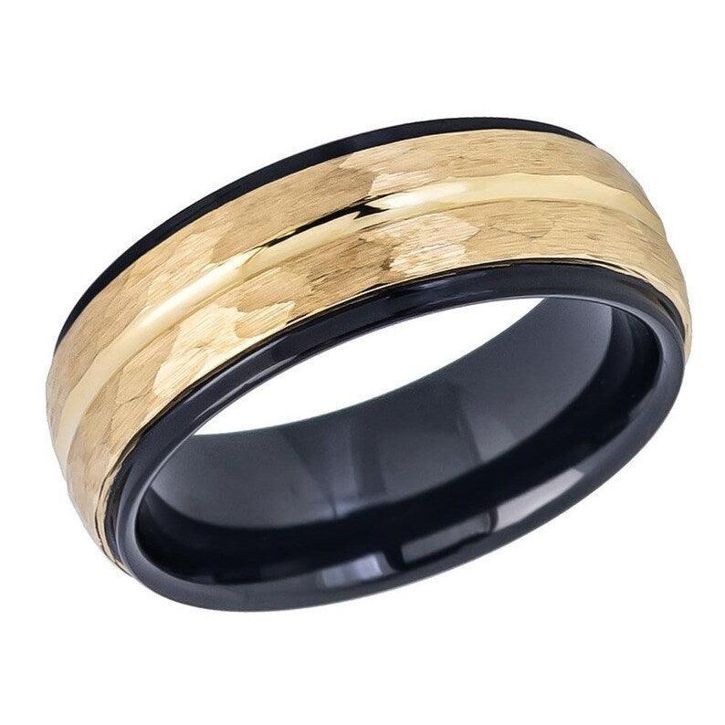 Tungsten Rings for Men Wedding Bands for Him Womens Wedding Bands for Her 6mm Two-Tone Black IP Inside Yellow Gold IP Middle Groove Line - Jewelry Store by Erik Rayo