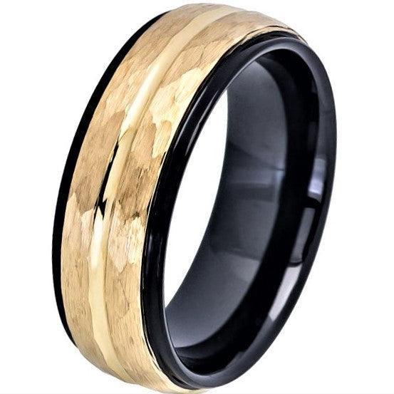 Tungsten Rings for Men Wedding Bands for Him Womens Wedding Bands for Her 6mm Two-Tone Black IP Inside Yellow Gold IP Middle Groove Line - Jewelry Store by Erik Rayo
