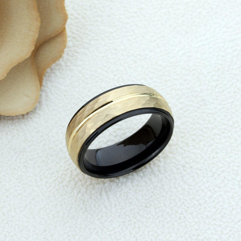 Tungsten Rings for Men Wedding Bands for Him Womens Wedding Bands for Her 6mm Two-Tone Black IP Inside Yellow Gold IP Middle Groove Line - Jewelry Store by Erik Rayo