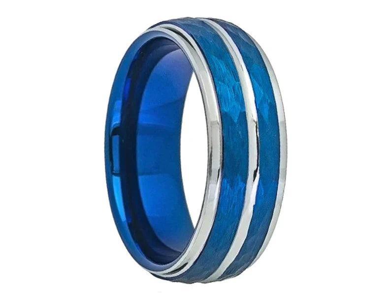 Tungsten Rings for Men Wedding Bands for Him Womens Wedding Bands for Her 6mm Two-Tone Blue IP Plated Hammered Finish - Jewelry Store by Erik Rayo