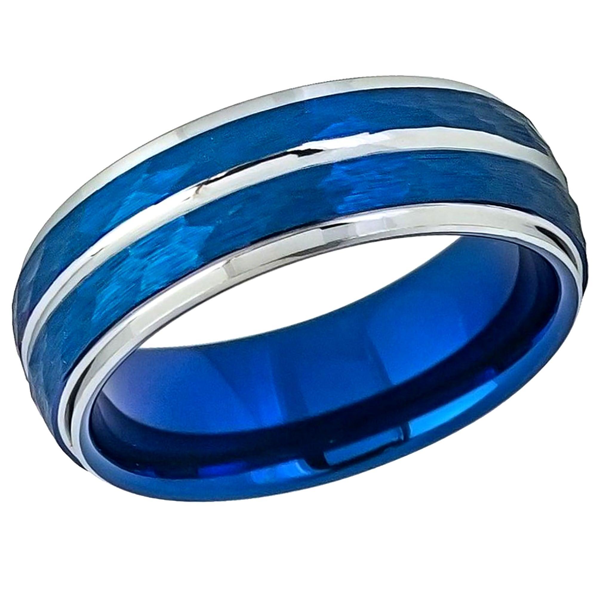 Tungsten Rings for Men Wedding Bands for Him Womens Wedding Bands for Her 6mm Two-Tone Blue IP Plated Hammered Finish - Jewelry Store by Erik Rayo