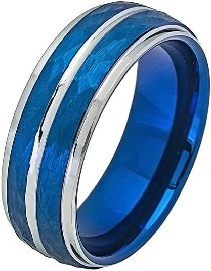 Tungsten Rings for Men Wedding Bands for Him Womens Wedding Bands for Her 6mm Two-Tone Blue IP Plated Hammered Finish - Jewelry Store by Erik Rayo