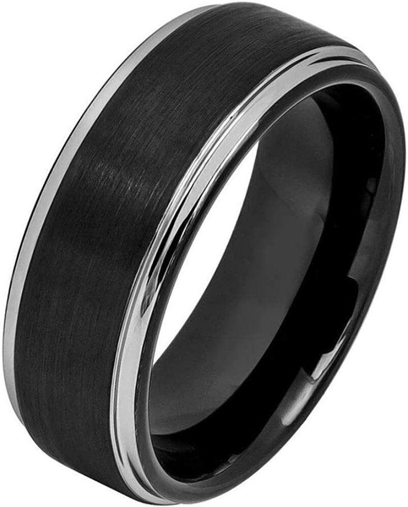 Tungsten Rings for Men Wedding Bands for Him Womens Wedding Bands for Her 6mm Two Tone Brushed Center with Black IP - Jewelry Store by Erik Rayo