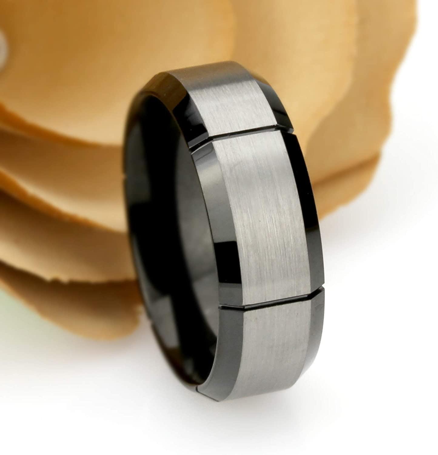 Tungsten Rings for Men Wedding Bands for Him Womens Wedding Bands for Her 6mm Two-Tone Brushed Cut Center with Black IP - Jewelry Store by Erik Rayo