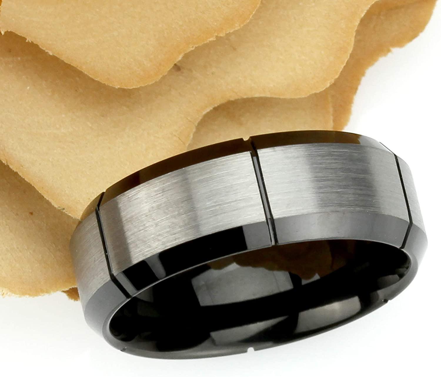 Tungsten Rings for Men Wedding Bands for Him Womens Wedding Bands for Her 6mm Two-Tone Brushed Cut Center with Black IP - Jewelry Store by Erik Rayo