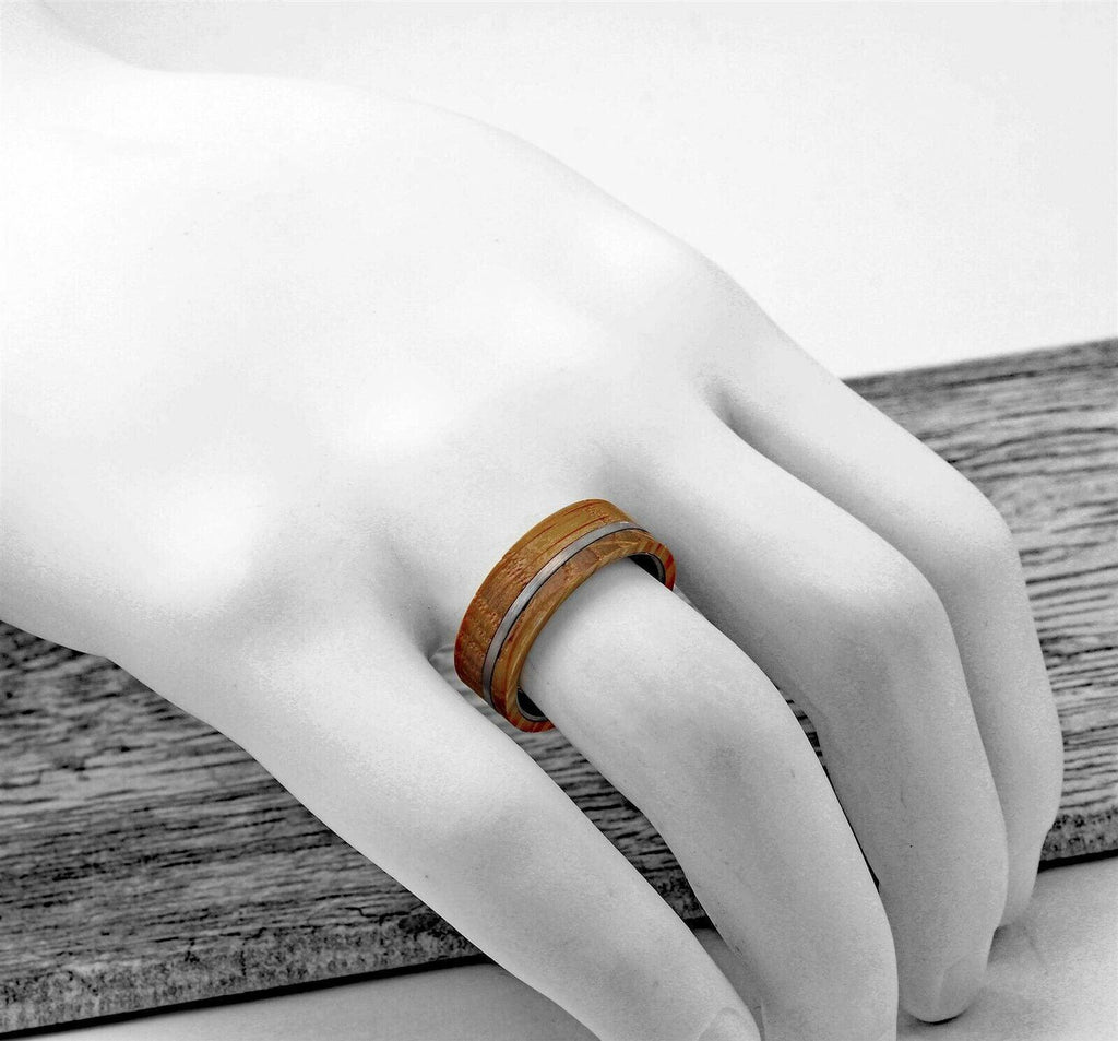 Men's Wedding Band Rings with Whiskey Barrel Wood and Brushed Stripe - Perfect for Weddings and Special Occasions - Jewelry Store by Erik Rayo