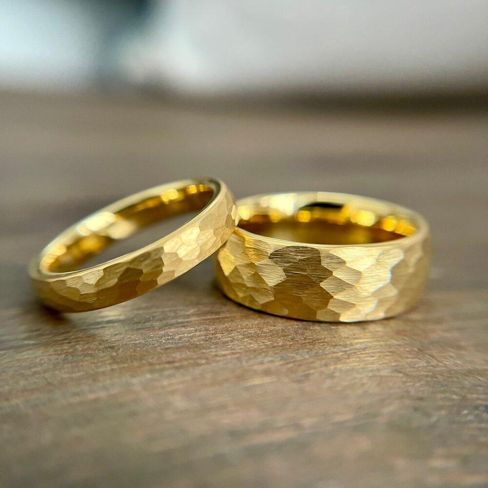 Tungsten Rings for Men Wedding Bands for Him Womens Wedding Bands for Her 6mm Yellow Gold Hammered Brush Dome - Jewelry Store by Erik Rayo