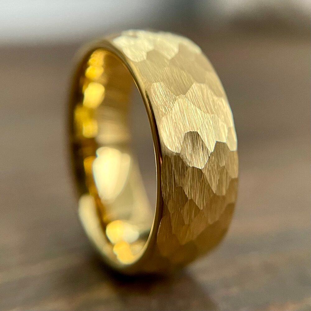 Tungsten Rings for Men Wedding Bands for Him Womens Wedding Bands for Her 6mm Yellow Gold Hammered Brush Dome - Jewelry Store by Erik Rayo