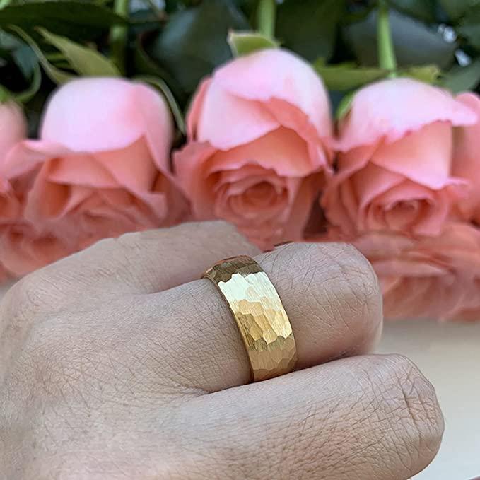 Tungsten Rings for Men Wedding Bands for Him Womens Wedding Bands for Her 6mm Yellow Gold Hammered Brush Dome - Jewelry Store by Erik Rayo