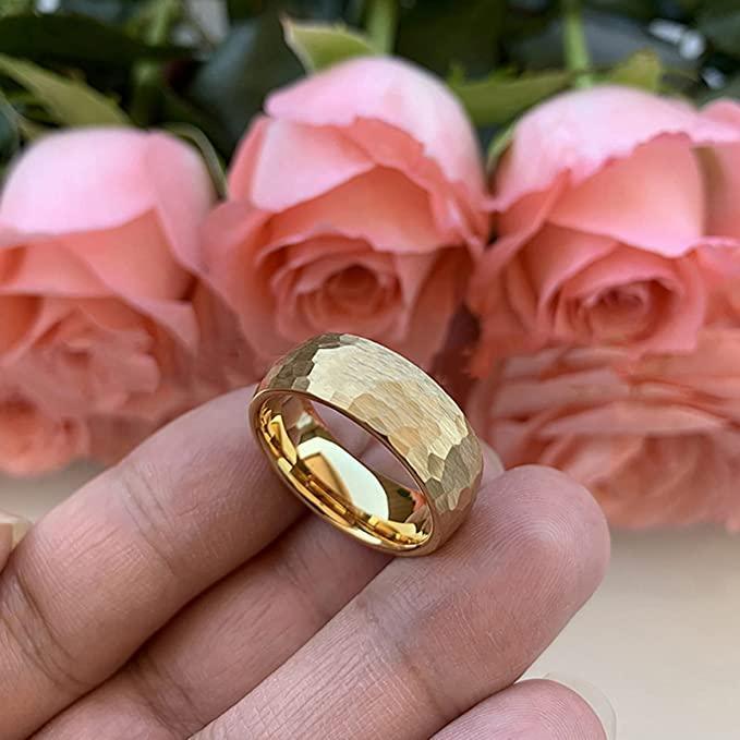 Tungsten Rings for Men Wedding Bands for Him Womens Wedding Bands for Her 6mm Yellow Gold Hammered Brush Dome - Jewelry Store by Erik Rayo