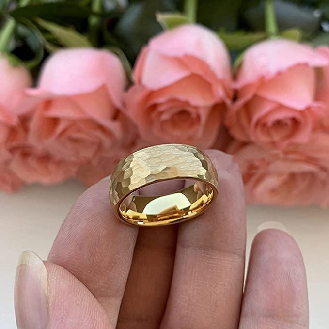 Tungsten Rings for Men Wedding Bands for Him Womens Wedding Bands for Her 6mm Yellow Gold Hammered Brush Dome - Jewelry Store by Erik Rayo