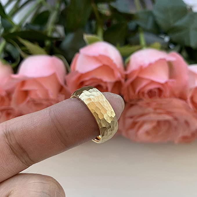Tungsten Rings for Men Wedding Bands for Him Womens Wedding Bands for Her 6mm Yellow Gold Hammered Brush Dome - Jewelry Store by Erik Rayo