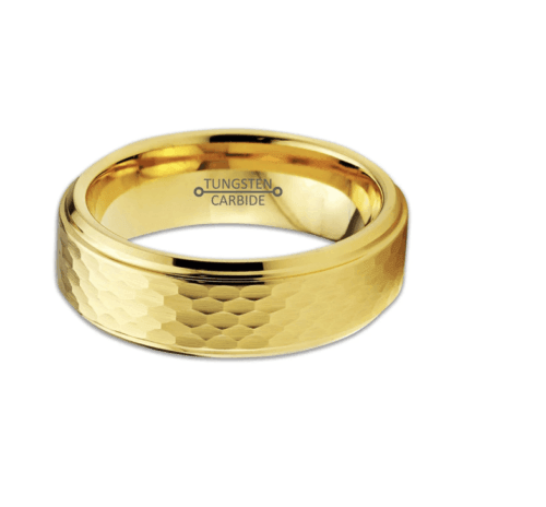 Tungsten Rings for Men Wedding Bands for Him Womens Wedding Bands for Her 6mm Yellow Gold Hammered Brushed - Jewelry Store by Erik Rayo