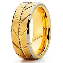 Load image into Gallery viewer, Tungsten Rings for Men Wedding Bands for Him Womens Wedding Bands for Her 6mm Yellow Gold IP Plated Flat Brushed Center Arrows - Jewelry Store by Erik Rayo
