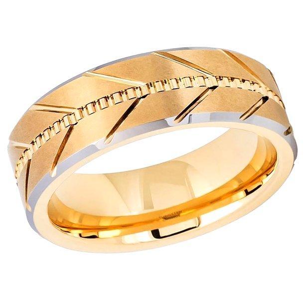 Tungsten Rings for Men Wedding Bands for Him Womens Wedding Bands for Her 6mm Yellow Gold IP Plated Flat Brushed Center Arrows - Jewelry Store by Erik Rayo