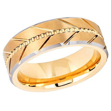 Load image into Gallery viewer, Tungsten Rings for Men Wedding Bands for Him Womens Wedding Bands for Her 6mm Yellow Gold IP Plated Flat Brushed Center Arrows - Jewelry Store by Erik Rayo
