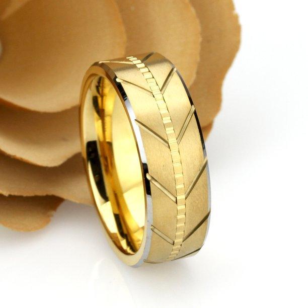 Tungsten Rings for Men Wedding Bands for Him Womens Wedding Bands for Her 6mm Yellow Gold IP Plated Flat Brushed Center Arrows - Jewelry Store by Erik Rayo