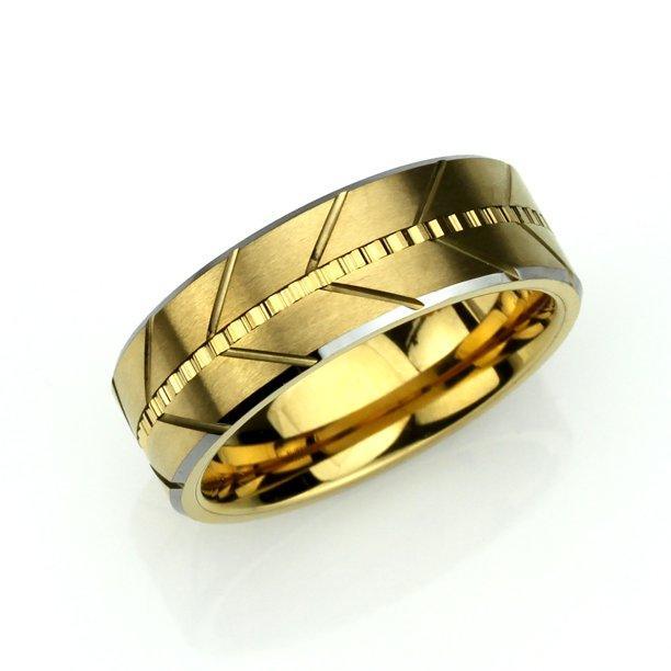 Tungsten Rings for Men Wedding Bands for Him Womens Wedding Bands for Her 6mm Yellow Gold IP Plated Flat Brushed Center Arrows - Jewelry Store by Erik Rayo