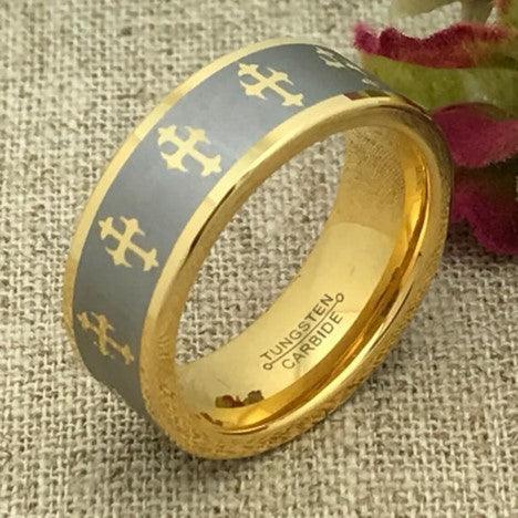 Tungsten Rings for Men Wedding Bands for Him Womens Wedding Bands for Her 6mm Yellow Gold Tone IP Crosses - Jewelry Store by Erik Rayo