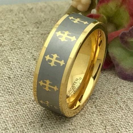 Tungsten Rings for Men Wedding Bands for Him Womens Wedding Bands for Her 6mm Yellow Gold Tone IP Crosses - Jewelry Store by Erik Rayo