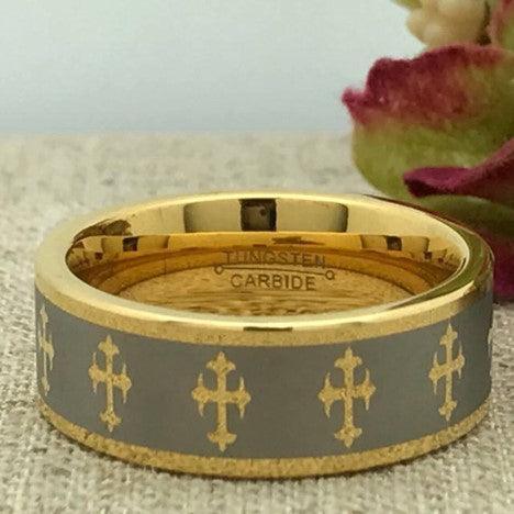 Tungsten Rings for Men Wedding Bands for Him Womens Wedding Bands for Her 6mm Yellow Gold Tone IP Crosses - Jewelry Store by Erik Rayo