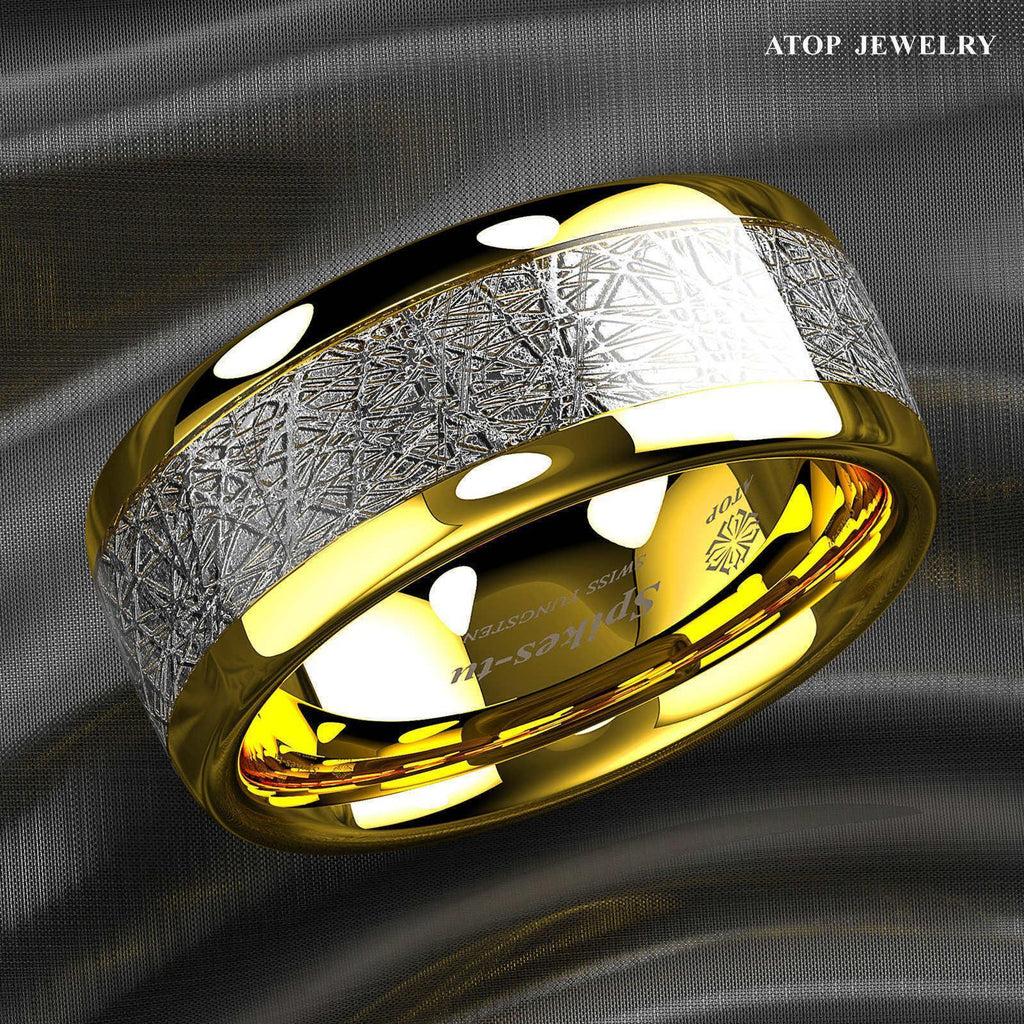Tungsten Rings for Men Wedding Bands for Him Womens Wedding Bands for Her 8mm 18k Gold Dome Fine Silver Inlay - Jewelry Store by Erik Rayo