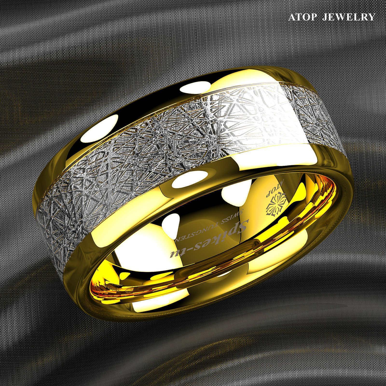 Tungsten Rings for Men Wedding Bands for Him Womens Wedding Bands for Her 8mm 18k Gold Dome Fine Silver Inlay - Jewelry Store by Erik Rayo