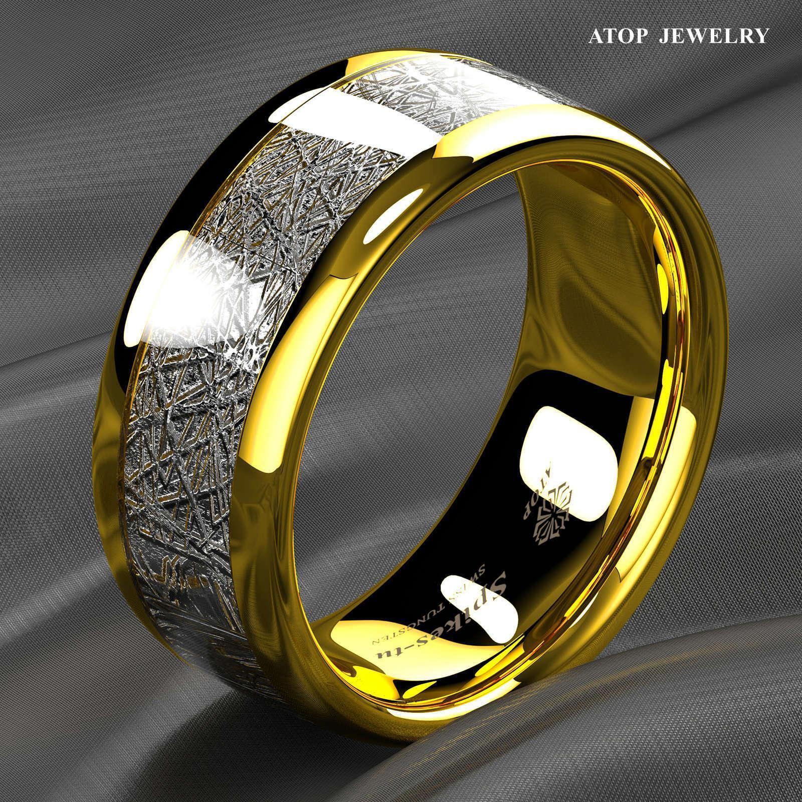 Tungsten Rings for Men Wedding Bands for Him Womens Wedding Bands for Her 8mm 18k Gold Dome Fine Silver Inlay - Jewelry Store by Erik Rayo