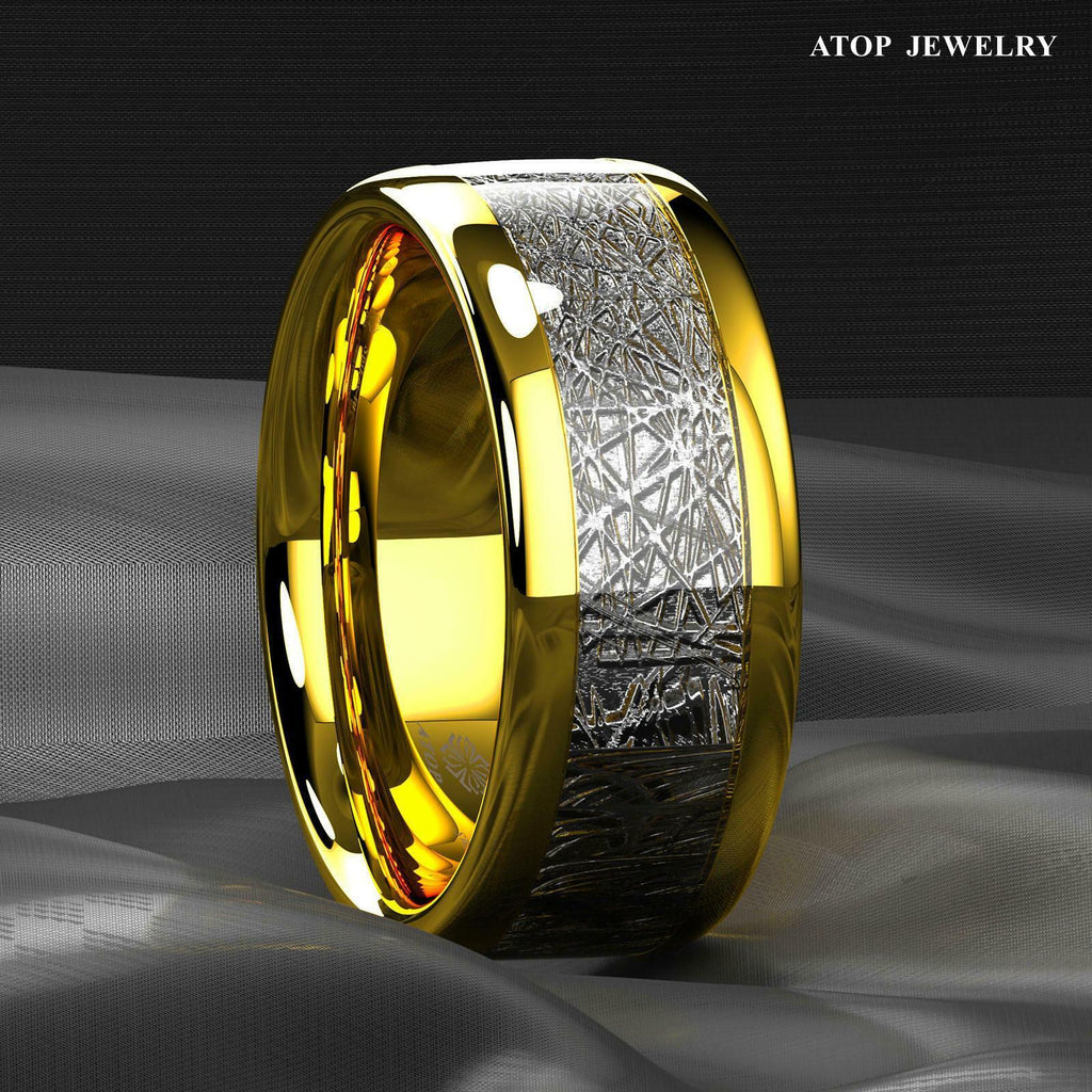 Tungsten Rings for Men Wedding Bands for Him Womens Wedding Bands for Her 8mm 18k Gold Dome Fine Silver Inlay - Jewelry Store by Erik Rayo