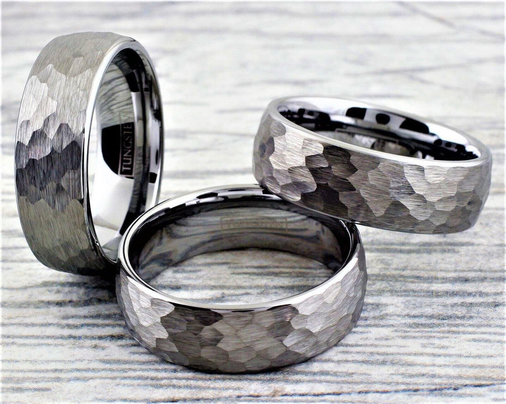 Tungsten Rings for Men Wedding Bands for Him Womens Wedding Bands for Her 8mm Silver Hammered Handmade - Jewelry Store by Erik Rayo