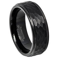 Load image into Gallery viewer, Tungsten Rings for Men Wedding Bands for Him Womens Wedding Bands for Her 8mm All Black Brushed Hammered Center - Jewelry Store by Erik Rayo
