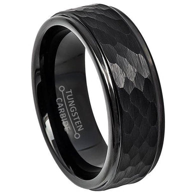 Men's Wedding Band - All Black Brushed Hammered Center Ring for Men and Women