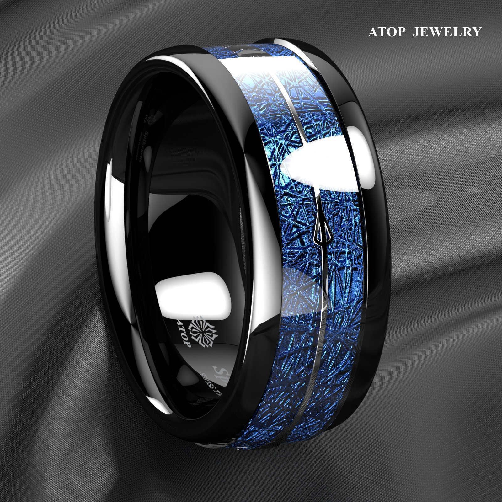 Tungsten Rings for Men Wedding Bands for Him Womens Wedding Bands for Her 8mm Arrow Dome Black Multidimensional Blue - Jewelry Store by Erik Rayo
