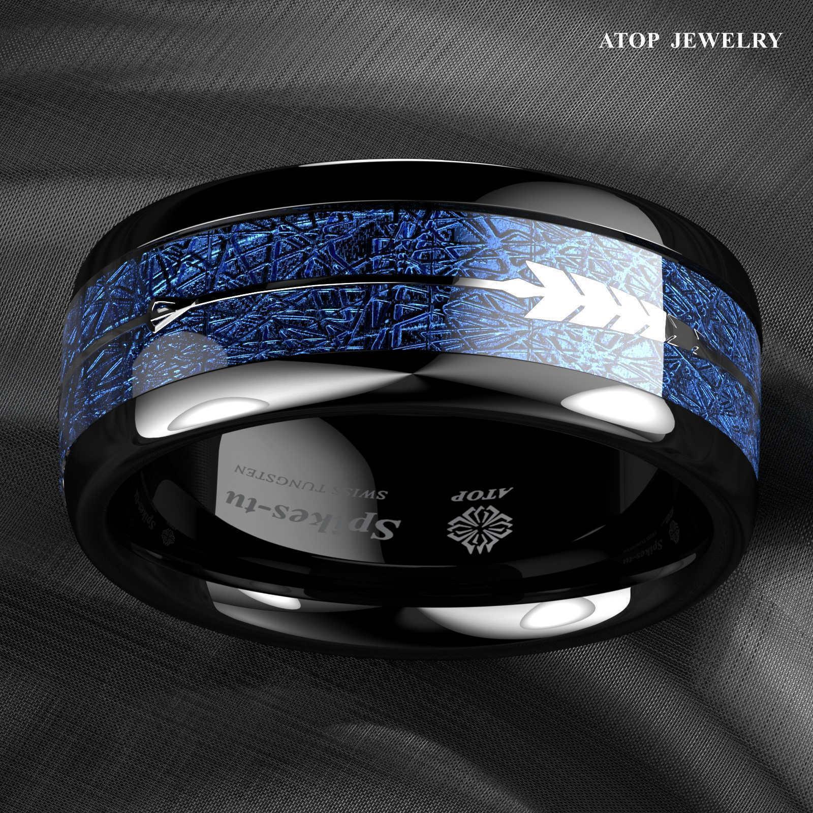 Tungsten Rings for Men Wedding Bands for Him Womens Wedding Bands for Her 8mm Arrow Dome Black Multidimensional Blue - Jewelry Store by Erik Rayo