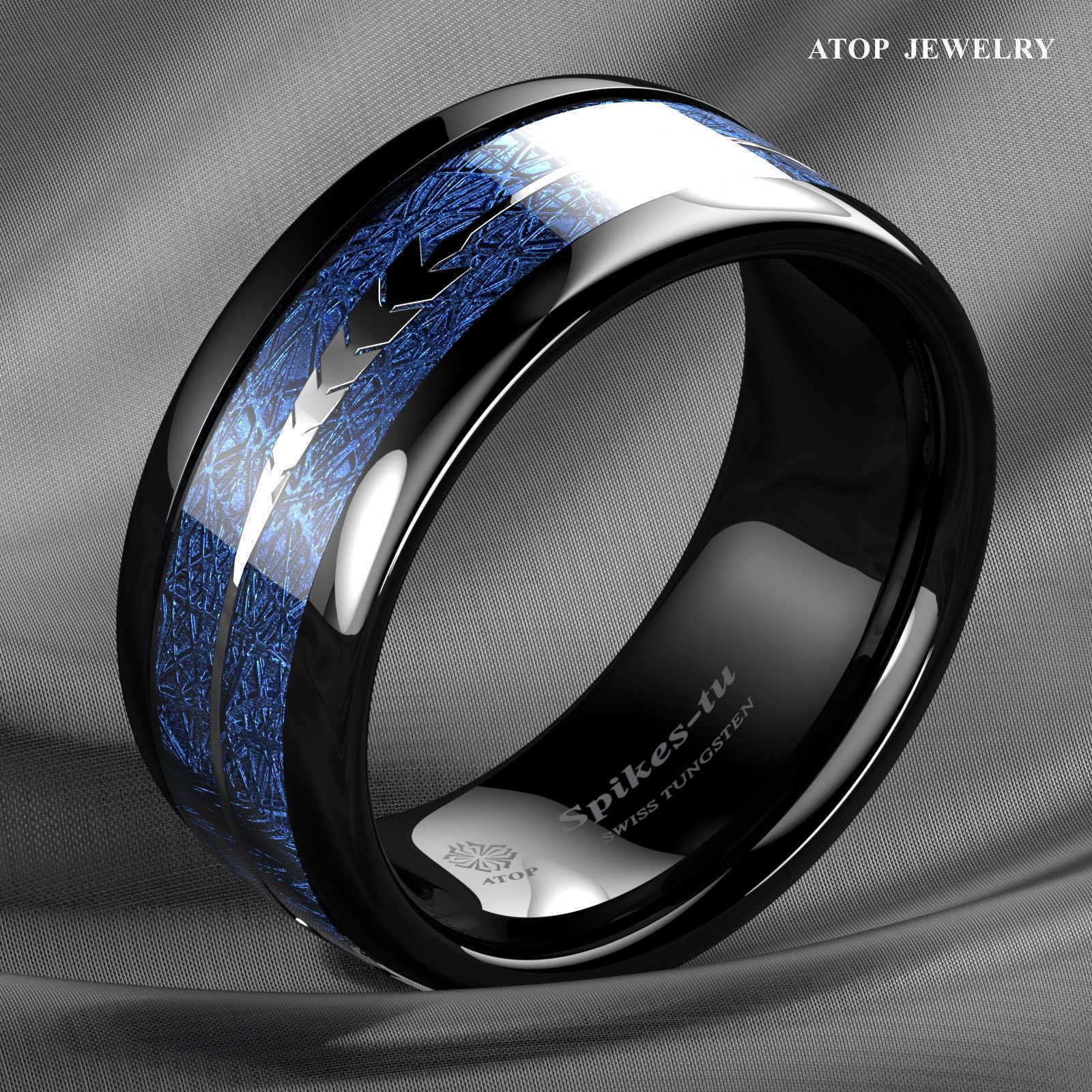 Tungsten Rings for Men Wedding Bands for Him Womens Wedding Bands for Her 8mm Arrow Dome Black Multidimensional Blue - Jewelry Store by Erik Rayo
