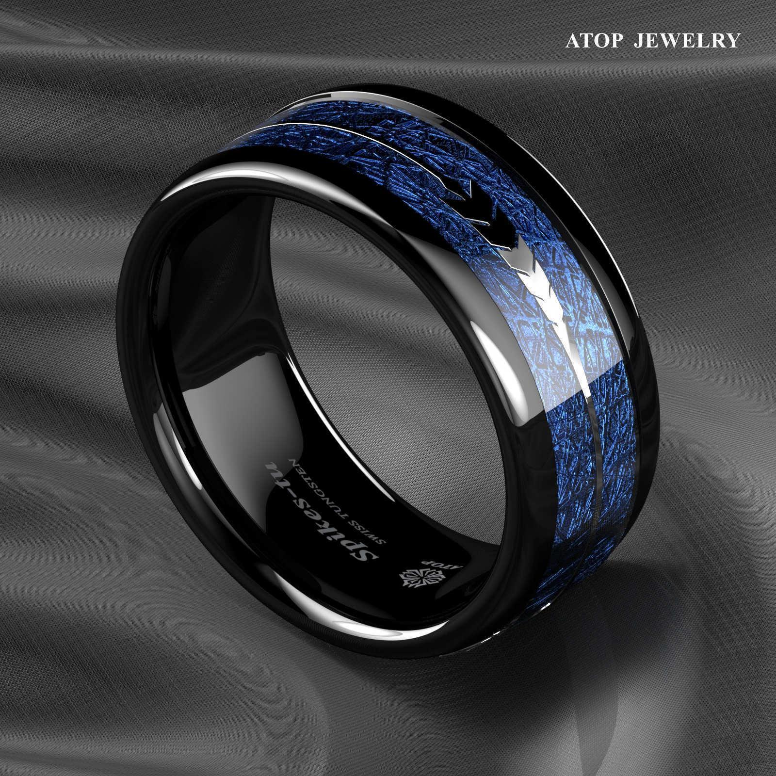 Tungsten Rings for Men Wedding Bands for Him Womens Wedding Bands for Her 8mm Arrow Dome Black Multidimensional Blue - Jewelry Store by Erik Rayo