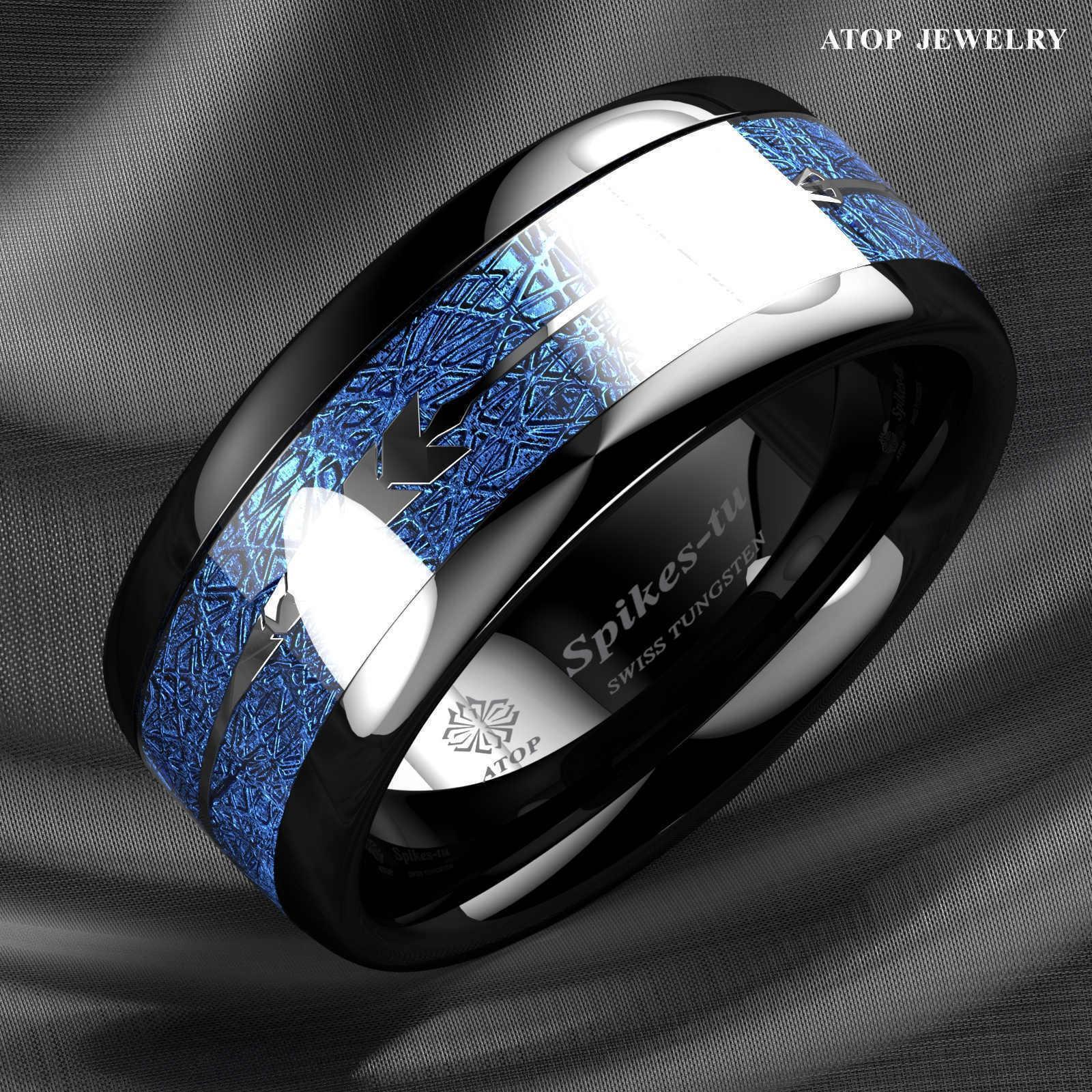 Tungsten Rings for Men Wedding Bands for Him Womens Wedding Bands for Her 8mm Arrow Dome Black Multidimensional Blue - Jewelry Store by Erik Rayo