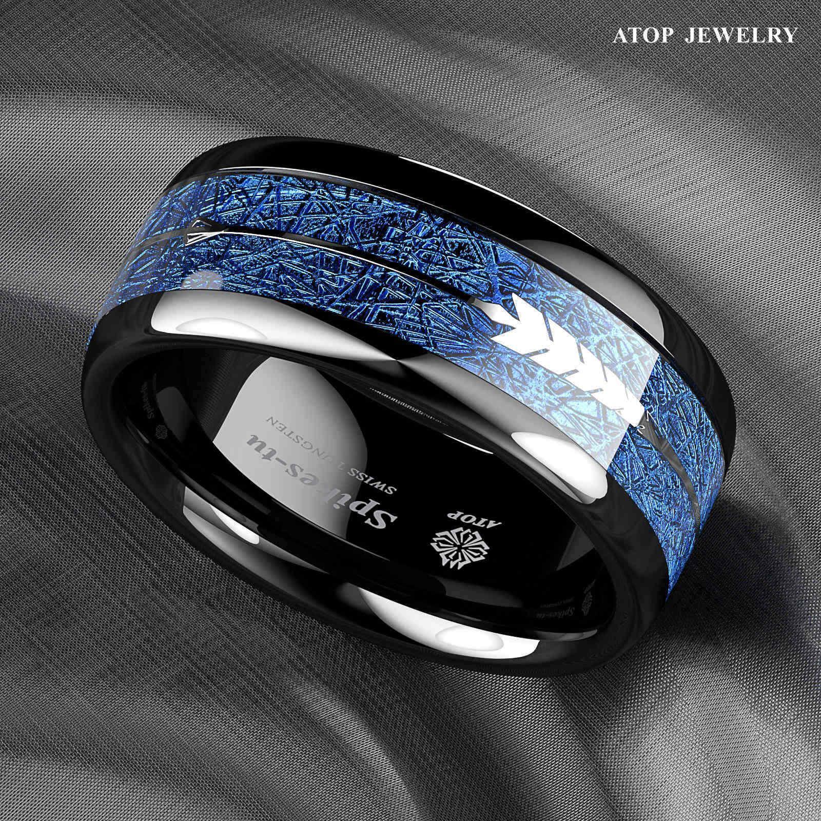 Tungsten Rings for Men Wedding Bands for Him Womens Wedding Bands for Her 8mm Arrow Dome Black Multidimensional Blue - Jewelry Store by Erik Rayo