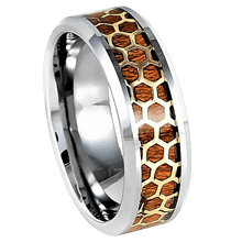 Load image into Gallery viewer, Tungsten Rings for Men Wedding Bands for Him Womens Wedding Bands for Her 8mm Beveled Honeycomb Rosewood Inlay Yellow Gold - Jewelry Store by Erik Rayo
