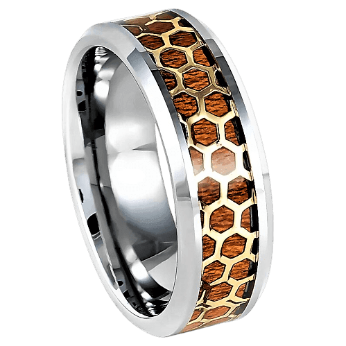 Tungsten Rings for Men Wedding Bands for Him Womens Wedding Bands for Her 8mm Beveled Honeycomb Rosewood Inlay Yellow Gold - Jewelry Store by Erik Rayo