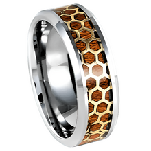 Load image into Gallery viewer, Men&#39;s Wedding Band Ring with Beveled Honeycomb Rosewood Inlay in Yellow Gold - Perfect for Men and Women
