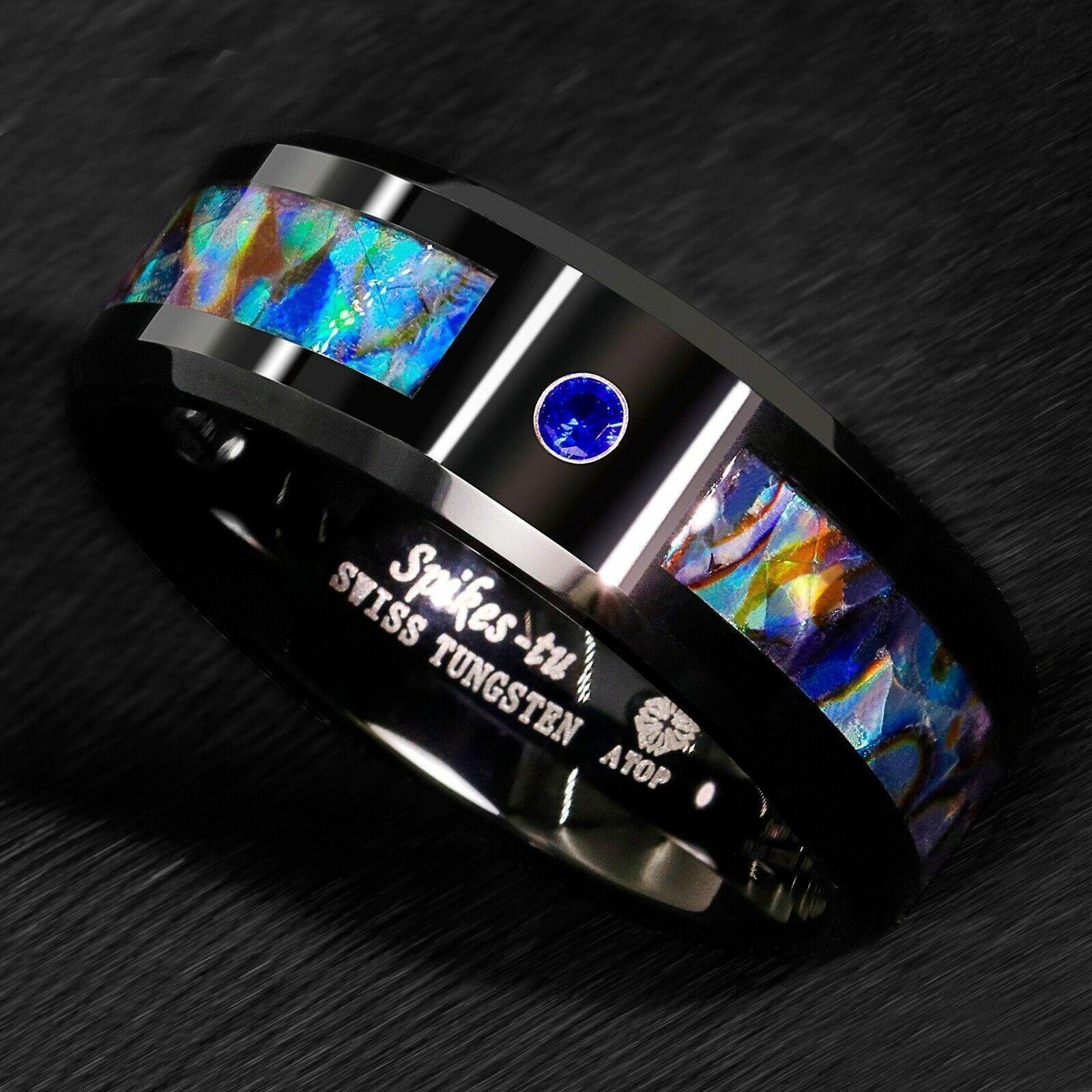 Tungsten Rings for Men Wedding Bands for Him Womens Wedding Bands for Her 8mm Black Blue Diamond Colored glaze Inlay - Jewelry Store by Erik Rayo