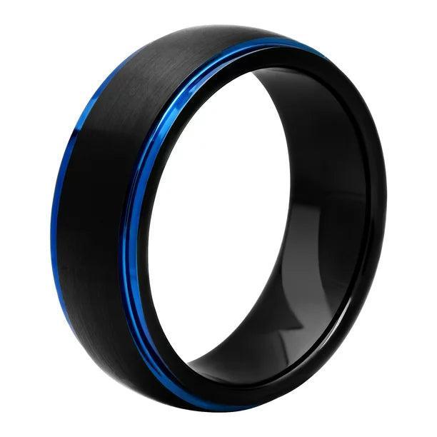 Tungsten Rings for Men Wedding Bands for Him Womens Wedding Bands for Her 8mm Black Brushed Blue Stripe - Jewelry Store by Erik Rayo